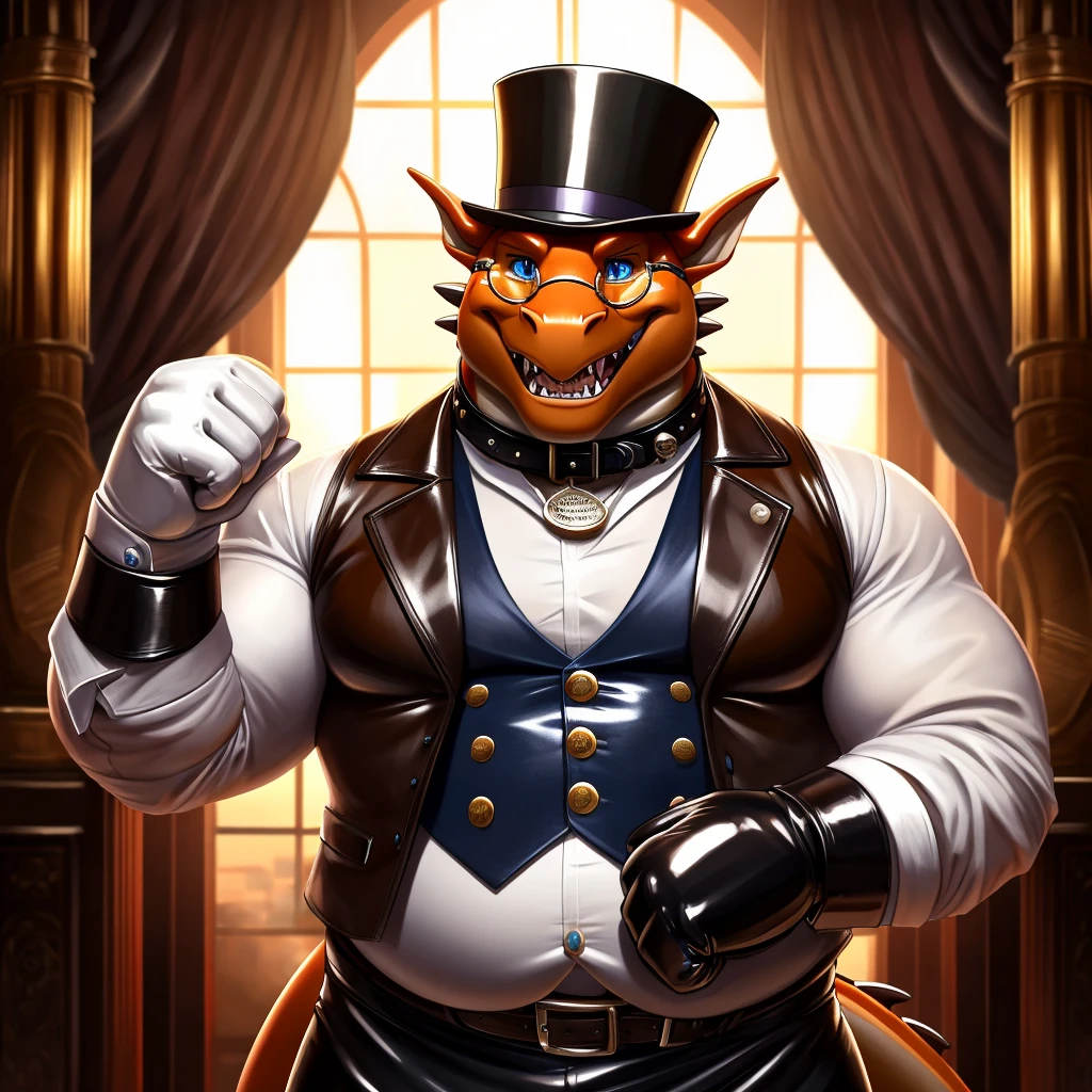 Solo, Male, fat, extremely obese, gentleman, dapper Professor Dragon, blue eyes, (posing:1.3), (soft shading), 4k, hi res, ((detailed face, detailed)), looking at viewer, mouth wide open, steampunk, collared shirt with buttons, top hat, male focus, Explorer Outfit, glasses, monocle, vest with buttons, sleeves rolled up, round eyewear, brown headwear, brown vest, Dragon is wearing a glossy leather dog collar around the neck, Dragon is wearing the leather collar and shirt and vest at the same time, Dragon is wearing glossy white rubber gloves on the hands, wearing white rubber gloves on the feet, gloves are rubber in texture, clenching teeth, clenching fists, leather collar is glossy and shiny with a lot of detail, Dragon is wearing gloves and leather collar at the same time, leather collar has a round dog-tag, leather collar is thick and detailed, leather collar is glossy and shiny, fancy clothing, dapper vest, dapper shirt, leather collar is thick.