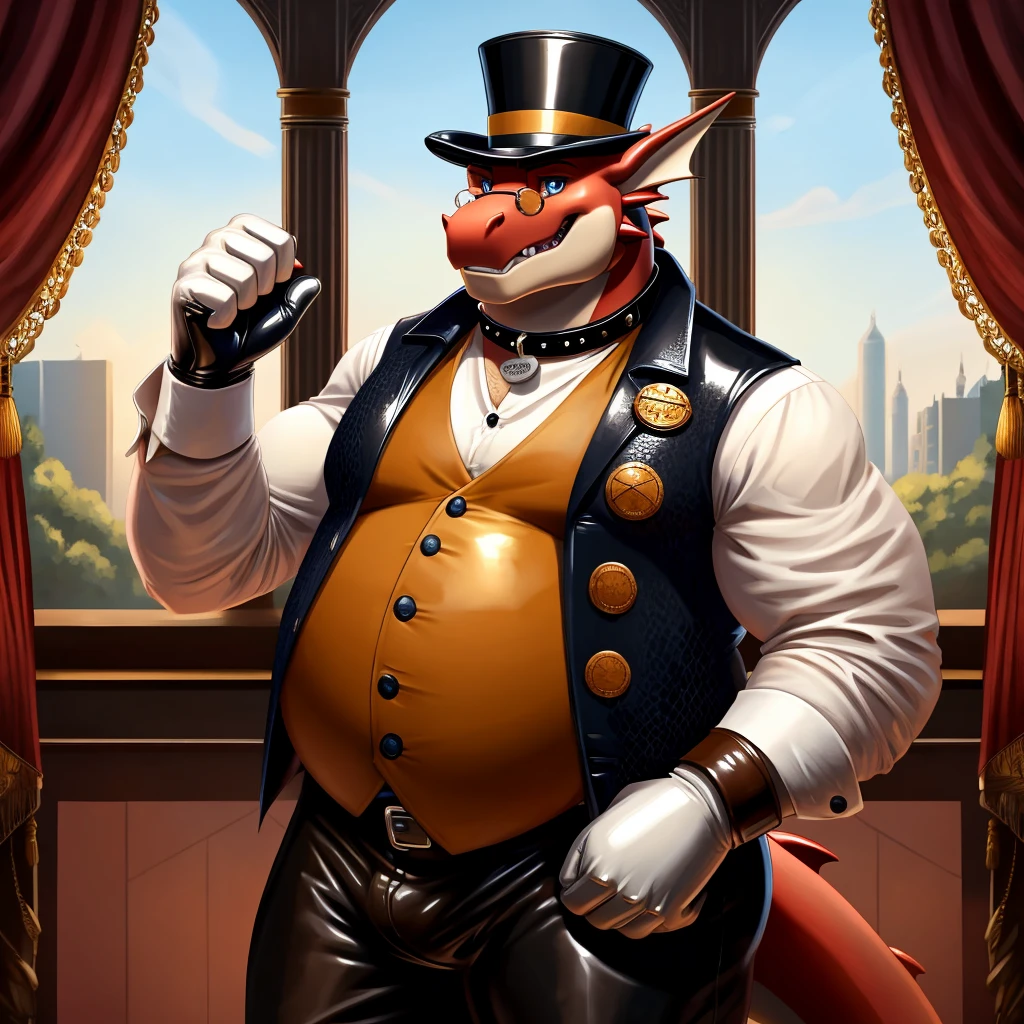Solo, Male, fat, extremely obese, gentleman, dapper Professor Dragon, blue eyes, (posing:1.3), (soft shading), 4k, hi res, ((detailed face, detailed)), looking at viewer, mouth wide open, steampunk, collared shirt with buttons, top hat, male focus, Explorer Outfit, glasses, monocle, vest with buttons, sleeves rolled up, round eyewear, brown headwear, brown vest, Dragon is wearing a glossy leather dog collar around the neck, Dragon is wearing the leather collar and shirt and vest at the same time, Dragon is wearing glossy white rubber gloves on the hands, wearing white rubber gloves on the feet, gloves are rubber in texture, clenching teeth, clenching fists, leather collar is glossy and shiny with a lot of detail, Dragon is wearing gloves and leather collar at the same time, leather collar has a round dog-tag, leather collar is thick and detailed, leather collar is glossy and shiny, fancy clothing, dapper vest, dapper shirt, leather collar is thick.