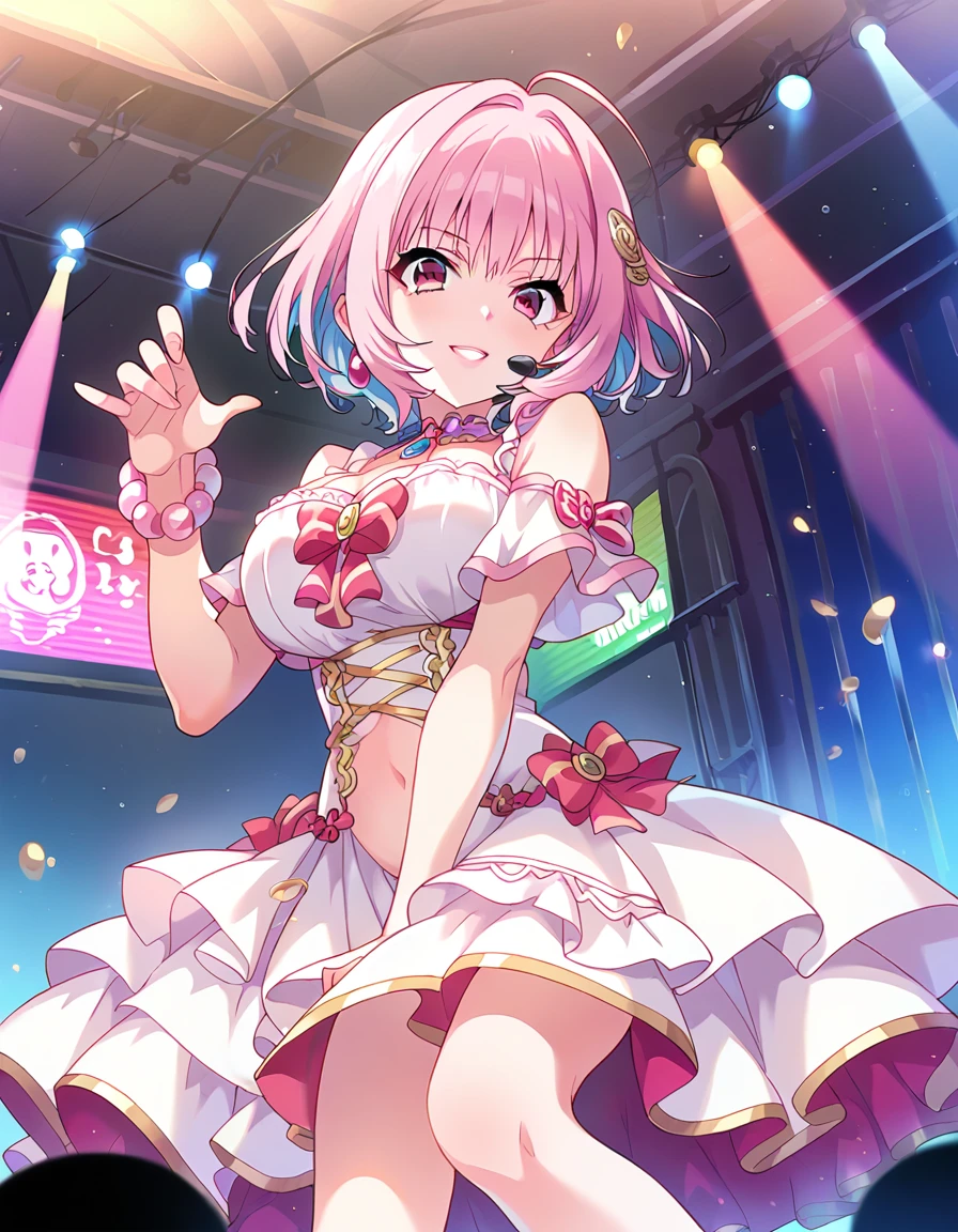 score_9, score_8_superior, score_7_superior, sauce_anime,
pinsuperior of 1girl solo, Idol Concert, Are standing, sing, Dynamic pose, headset, stage, Tricolor Theme, curtain, stage lights, signboard, Neon Trim, 
ymmram, short hair, Multicolored Hair, Pink Hair, Blue Hair, Hair Intake, Ahoge,  tooth, Pink Eyes, Large Breasts,
Idol Costumes, White Dress, Pink Dress, Removable sleeves,  abdomen, belly button, Low Leg, between legs, Bubble Skirt, bow,
Earrings, Bangles,
Fine grain, eyelash, eyeliner, lipstick,