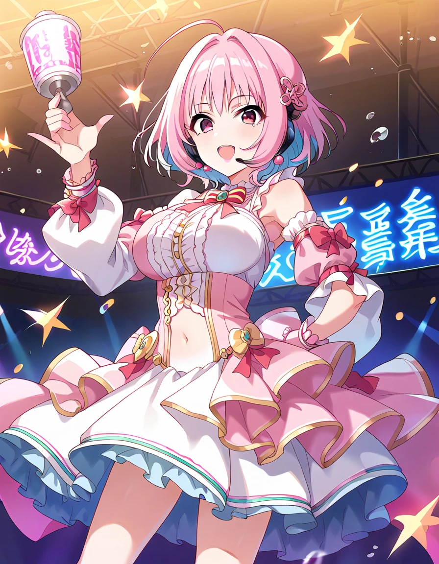 score_9, score_8_superior, score_7_superior, sauce_anime,
pinsuperior of 1girl solo, Idol Concert, Are standing, sing, Dynamic pose, headset, stage, Tricolor Theme, curtain, stage lights, signboard, Neon Trim, 
ymmram, short hair, Multicolored Hair, Pink Hair, Blue Hair, Hair Intake, Ahoge,  tooth, Pink Eyes, Large Breasts,
Idol Costumes, White Dress, Pink Dress, Removable sleeves,  abdomen, belly button, Low Leg, between legs, Bubble Skirt, bow,
Earrings, Bangles,
Fine grain, eyelash, eyeliner, lipstick,