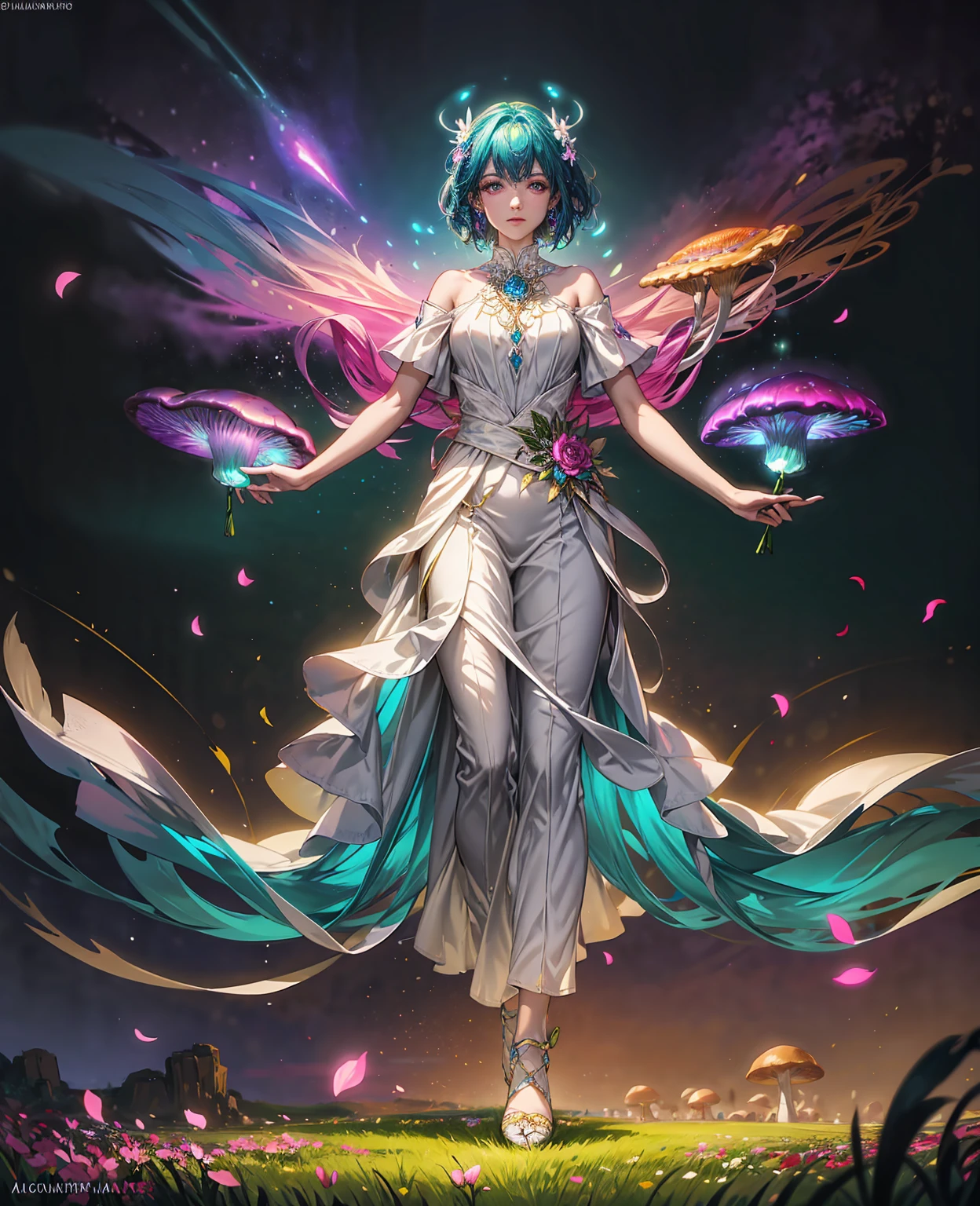 A beautiful field of colorful feylings, ethereal flower-like creatures with delicate petals and glowing bioluminescent auras, a fantasy landscape with rolling hills, a mystical atmosphere, glowing mushrooms, vibrant colors, cinematic lighting, intricate detailed petals, soft focus, dreamlike, concept art style