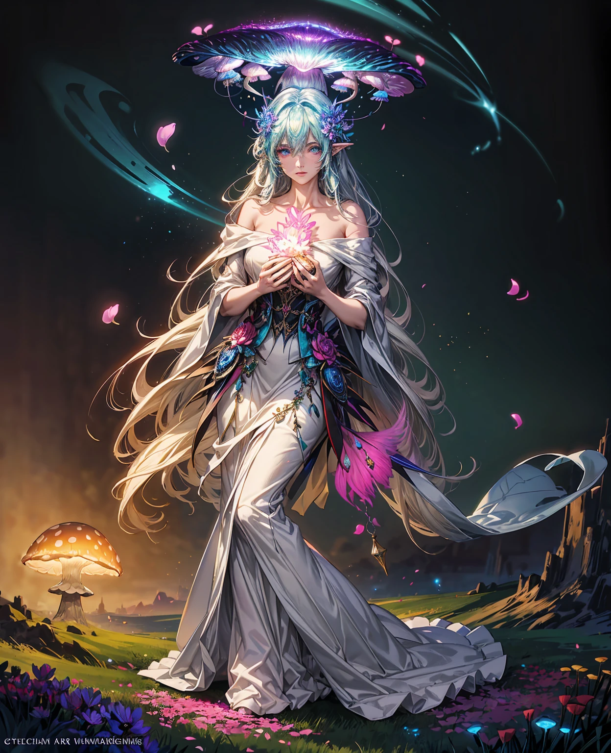 A beautiful field of colorful feylings, ethereal flower-like creatures with delicate petals and glowing bioluminescent auras, a fantasy landscape with rolling hills, a mystical atmosphere, glowing mushrooms, vibrant colors, cinematic lighting, intricate detailed petals, soft focus, dreamlike, concept art style