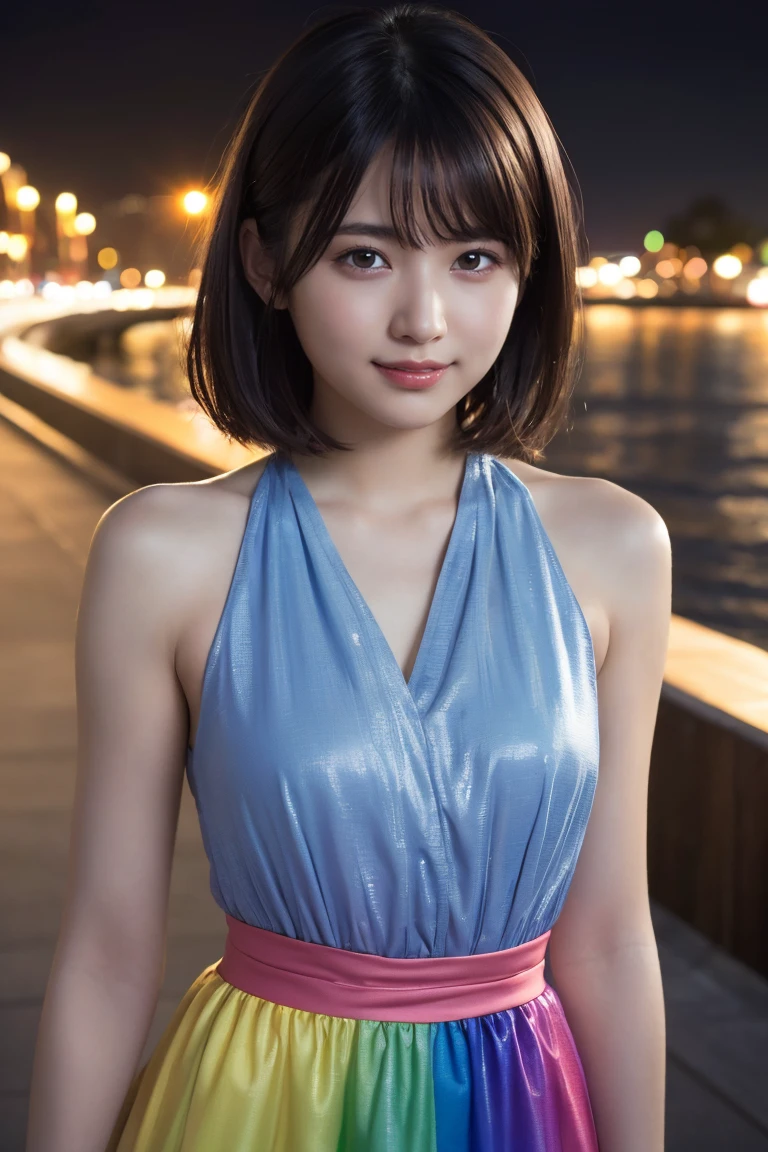 1 Girl, (Wearing a rainbow dress:1.2), (Supercluster), Very beautiful Japanese idol portraits, (RAW Photos, Highest quality), (Realistic, Realistic:1.4), (masterpiece), Very delicate and beautiful, Very detailed, 2k wallpaper, wonderful, finely, Very detailed CG Unity 8K wallpaper, Very detailed, High resolution, Soft Light, Beautiful detailed girl, Very detailed目と顔, Beautiful and sophisticated nose, Beautiful and beautiful eyes, Cinema Lighting, (Fashion magazine photography:1.3), (Outdoor), (night lighting), (Waterfront), (short hair), Complete Anatomy, Slender body, Small breasts, smile