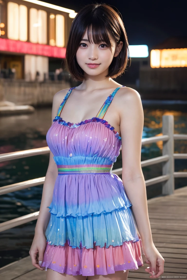 1 Girl, (Wearing a rainbow dress:1.2), (Supercluster), Very beautiful Japanese idol portraits, (RAW Photos, Highest quality), (Realistic, Realistic:1.4), (masterpiece), Very delicate and beautiful, Very detailed, 2k wallpaper, wonderful, finely, Very detailed CG Unity 8K wallpaper, Very detailed, High resolution, Soft Light, Beautiful detailed girl, Very detailed目と顔, Beautiful and sophisticated nose, Beautiful and beautiful eyes, Cinema Lighting, (Fashion magazine photography:1.3), (Outdoor), (night lighting), (Waterfront), (short hair), Complete ???????, Slender body, Small breasts, smile
