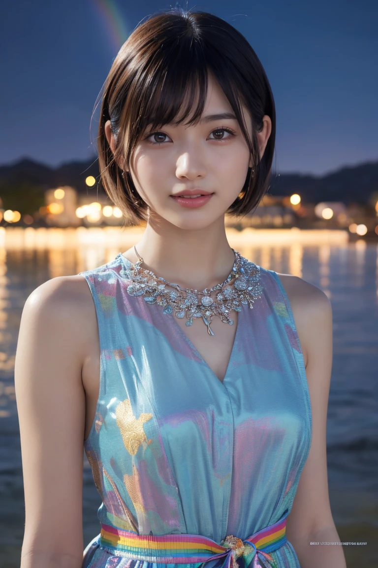 1 Girl, (Wearing a rainbow dress:1.2), (Supercluster), Very beautiful Japanese idol portraits, (RAW Photos, Highest quality), (Realistic, Realistic:1.4), (masterpiece), Very delicate and beautiful, Very detailed, 2k wallpaper, wonderful, finely, Very detailed CG Unity 8K wallpaper, Very detailed, High resolution, Soft Light, Beautiful detailed girl, Very detailed目と顔, Beautiful and sophisticated nose, Beautiful and beautiful eyes, Cinema Lighting, (Fashion magazine photography:1.3), (Outdoor), (night lighting), (Waterfront), (short hair), Complete Anatomy, Slender body, Small breasts, smile