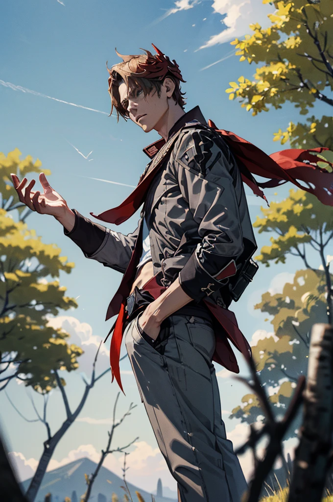 1 male solo, dynamic pose, cinematic shot, orande hair, red mask on side of the head, grey jacket, red scarf, cinematic shot, dramatic light, birch tree forest, summer light, warm weather, blue sky, white clouds