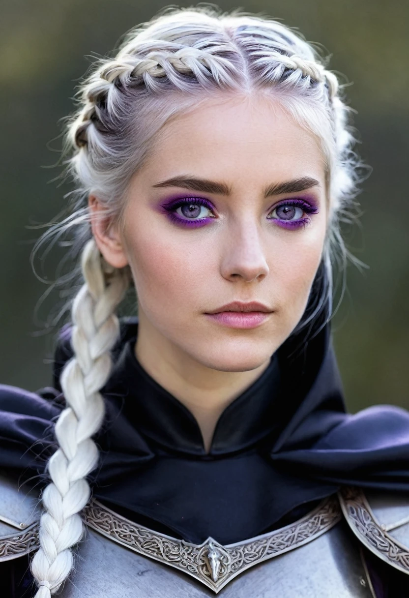 A woman with braided white hair + violet eyes + in armor and black cape 