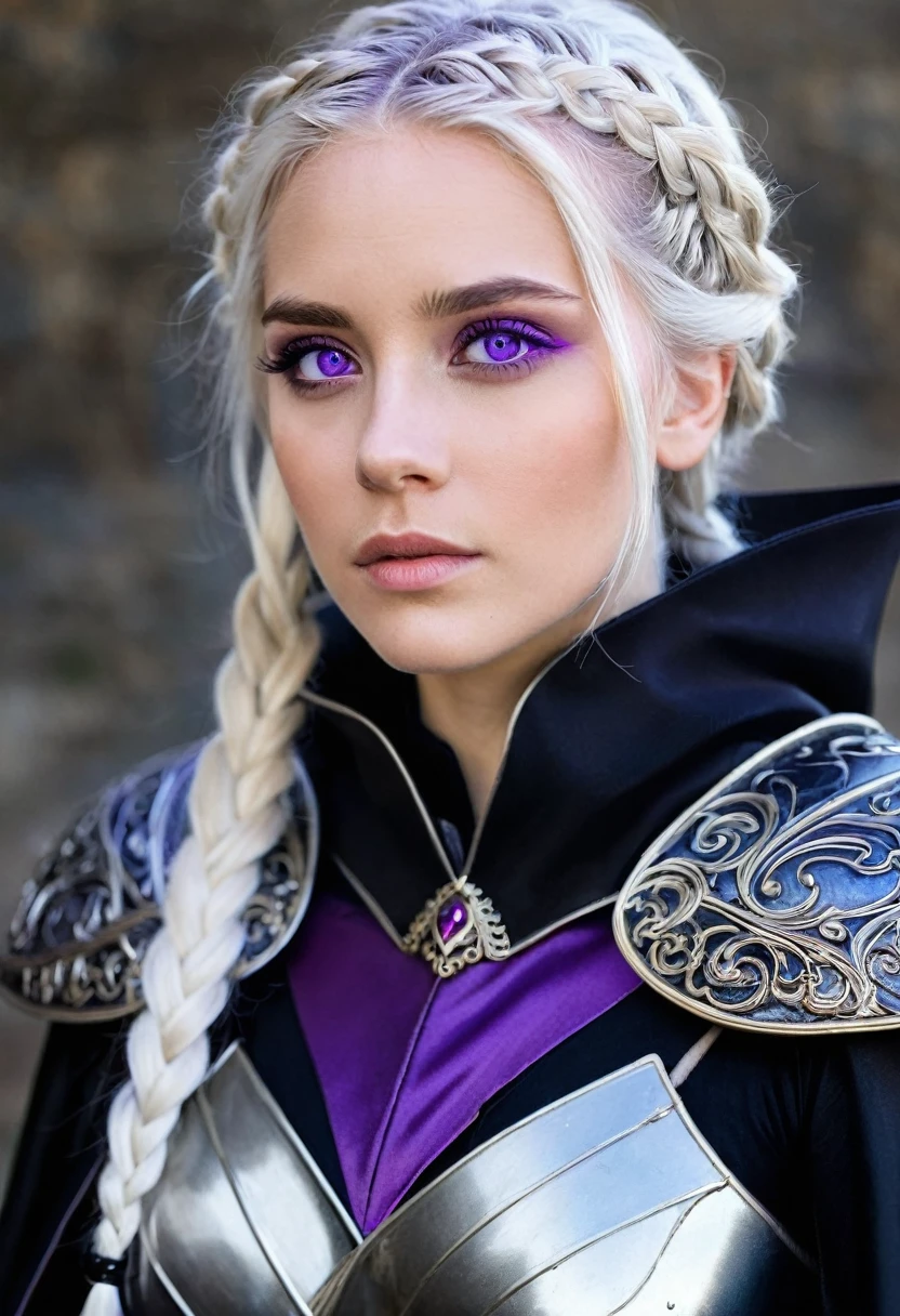 A woman with braided white hair + violet eyes + in armor and black cape