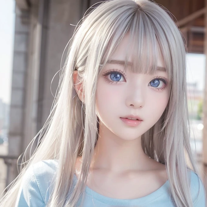 silver shiny hair、Super long straight silky hair、Dazzling blonde super long silky hair、 cute little beautiful face、A beautiful girl、Sparkling blonde dancing in front of a pretty face、Long, silky bangs that cover the space between the eyes、Very beautiful, bright, large, light blue eyes、Very big eyes、Hair that hides the face、Sexy pretty young woman with super long bangs、Very white skin、Cheek gloss highlighter、Small Face Beauty、Round face、Cute Shirts、Ample Bust, embarrassed face、Skinny jeans and t-shirt、Smiling Face、