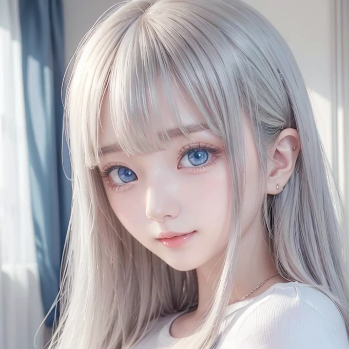 silver shiny hair、Super long straight silky hair、Dazzling blonde super long silky hair、16 years old cute little beautiful face、A beautiful girl、Sparkling blonde dancing in front of a pretty face、Long, silky bangs that cover the space between the eyes、Very beautiful, bright, large, light blue eyes、Very big eyes、Hair that hides the face、Sexy pretty young woman with super long bangs、Very white skin、Cheek gloss highlighter、Small Face Beauty、Round face、Cute Shirts、Ample Bust, embarrassed face、Skinny jeans and t-shirt、Smiling Face、