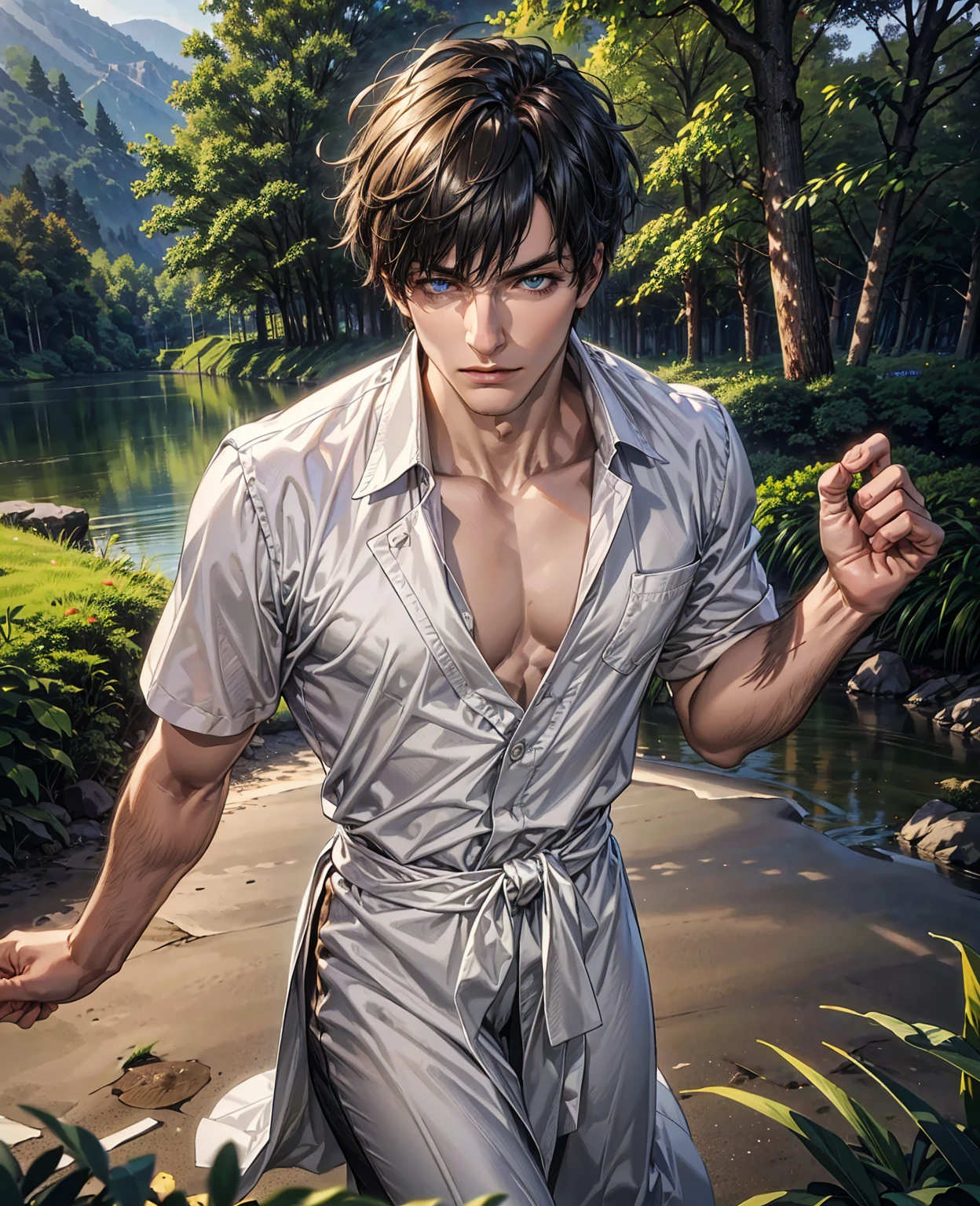 a young man, handsome face, striking blue eyes, perfect skin, elegant and stylish, standing in a serene natural environment, surrounded by lush greenery and a calming lake, warm sunlight filtering through the trees, (best quality,4k,8k,highres,masterpiece:1.2),ultra-detailed,(realistic,photorealistic,photo-realistic:1.37),portrait,cinematic lighting,vibrant colors,dramatic composition