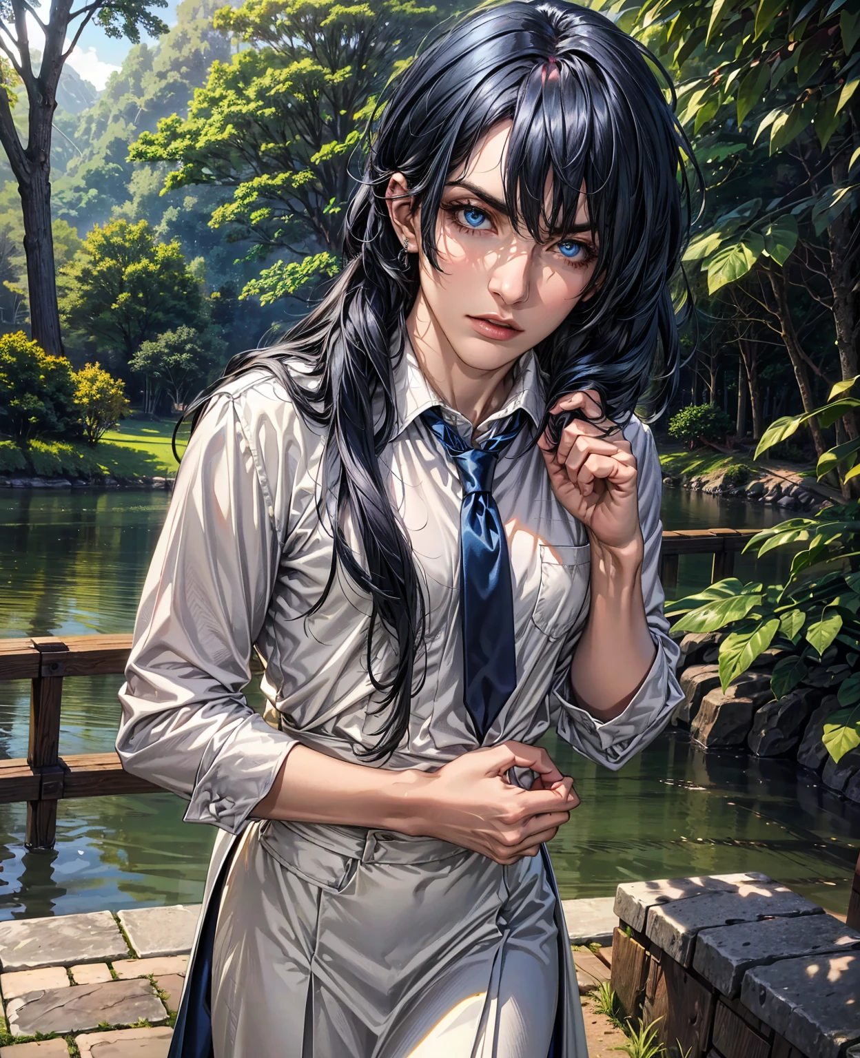 a young man, handsome face, striking blue eyes, perfect skin, elegant and stylish, standing in a serene natural environment, surrounded by lush greenery and a calming lake, warm sunlight filtering through the trees, (best quality,4k,8k,highres,masterpiece:1.2),ultra-detailed,(realistic,photorealistic,photo-realistic:1.37),portrait,cinematic lighting,vibrant colors,dramatic composition