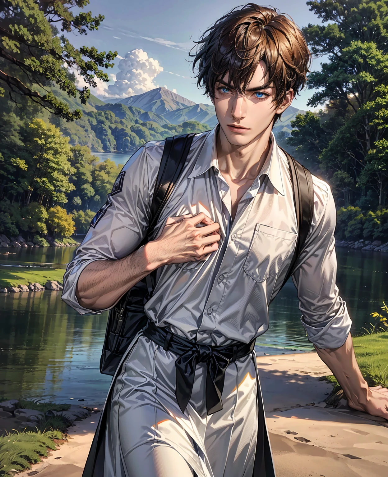 a young man, handsome face, striking blue eyes, perfect skin, elegant and stylish, standing in a serene natural environment, surrounded by lush greenery and a calming lake, warm sunlight filtering through the trees, (best quality,4k,8k,highres,masterpiece:1.2),ultra-detailed,(realistic,photorealistic,photo-realistic:1.37),portrait,cinematic lighting,vibrant colors,dramatic composition