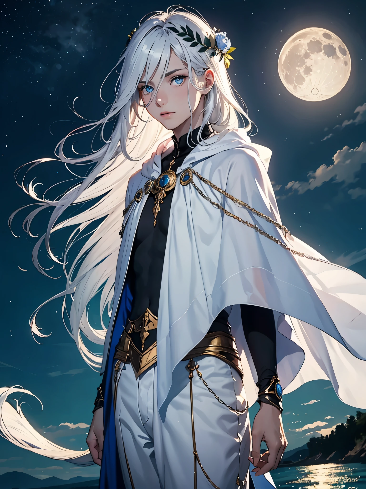 Brüste. Muskeln. Weiblicher körper. Long hair. long white hair. aquatic, boy, Goddess of the Moon, silver hair accessories, White hair, White dress, cape, at night, saturated colors, light eyes, bright, light blue light, blue eyes, Jewelry silver, bluish light, Full moon in the background, aquatic in der Luft rosa kerzen
