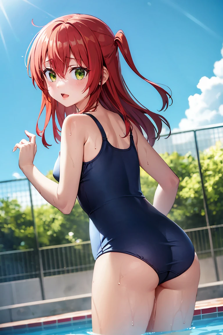 room, 1 Girl, Highest quality, Ultra-high resolution, Long Hair, Redhead, Green Eyes,Looking at the audience, Small breasts , Shy face、Watery eye, Open your mouth、Cowboy Shot、Navy school swimsuit、Pool、Backwards、look back、