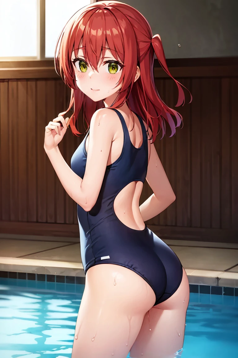 room, 1 Girl, Highest quality, Ultra-high resolution, Long Hair, Redhead, Green Eyes,Looking at the audience, Small breasts , Shy face、Watery eye, Open your mouth、Cowboy Shot、Navy school swimsuit、Pool、Backwards、look back、