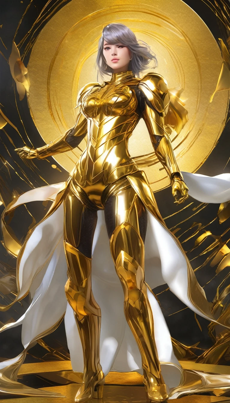 "Create a masterpiece painting of a woman standing, probably wearing a golden hero suit, in anime style. Ensure the image is in 4K resolution, high quality, HDR, UHD, with perfect color grading."