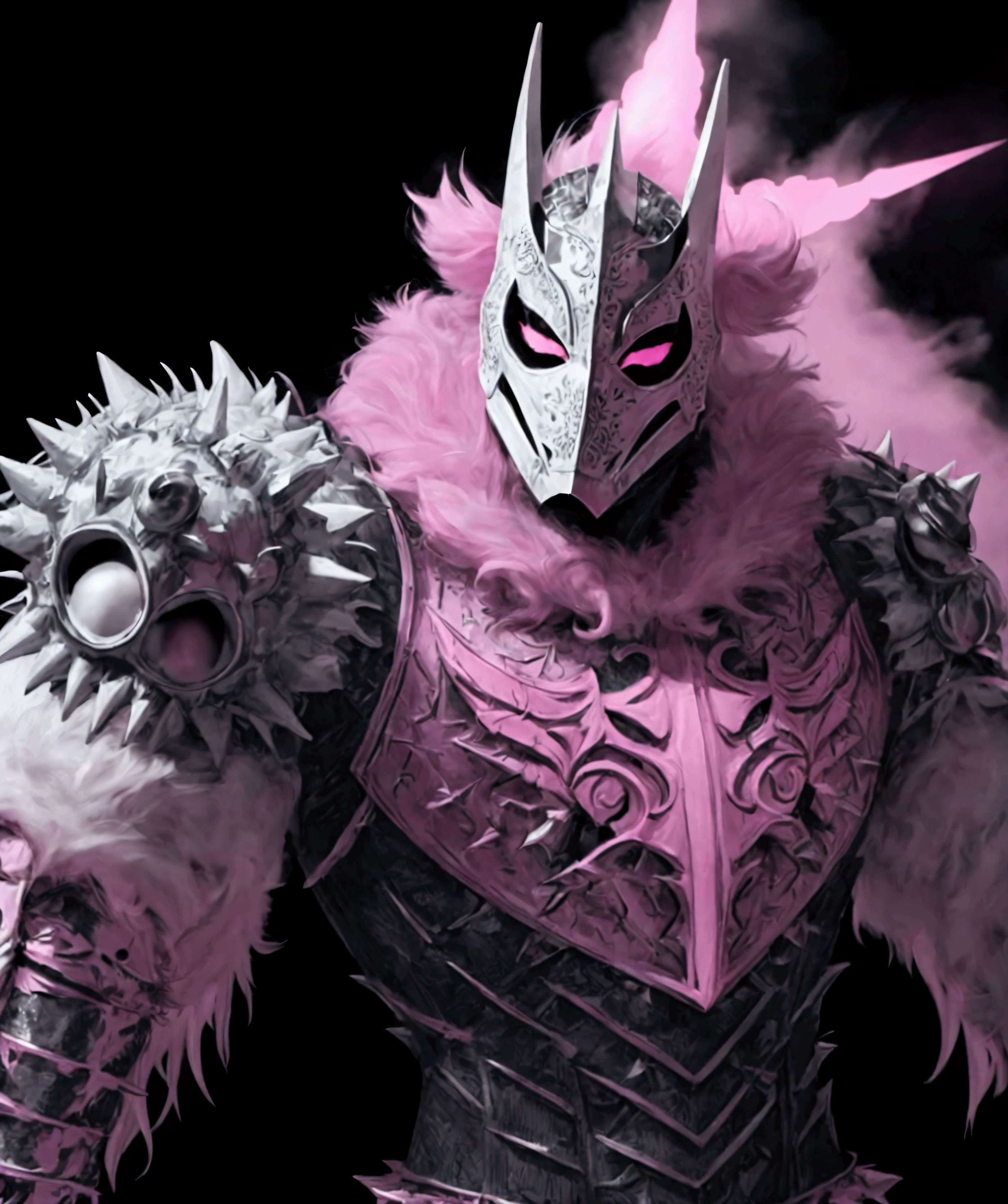 (extremely detailed 8k wallpaper), a medium shot photo of Grim dressed as a scary masked white and pink furry-supervillain in a white and pink spiked armour made of fur glowing armour with spikes from marvel, theme, intricate, high detail, dramatic, furry monster and destroyed buildings in the background