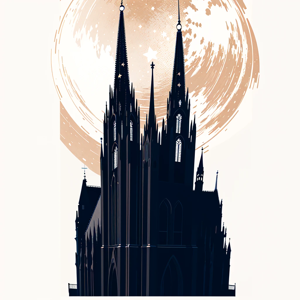 Masterpiece, best quality, very detailed, very detailed silhuette of Cologne Dome, Cologne Cathedral, blue sky on the background with many stars and galaxies, very shiny