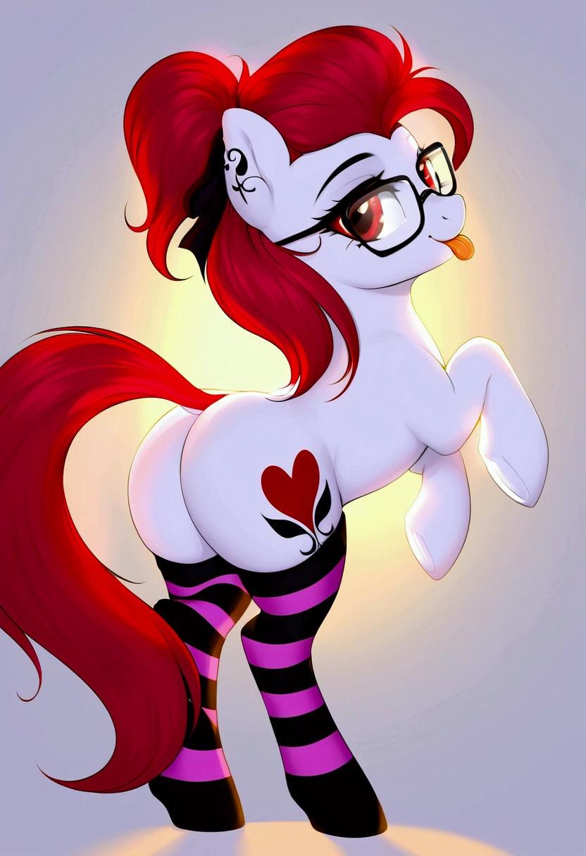 radiant lighting, vibrant colors, whimsical atmosphere, 8K, high resolution, highly detailed, masterpiece, (((my little pony))), (four stockings), (red hair, white body, red eyes) cute face, tongue out, striped stockings, standing on four hooves, cool glasses, showing butt, tattoo on all body, goth style