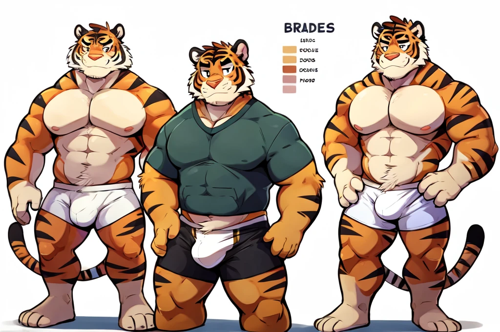 Tiger, By Haps, 1boy, abs, animal ears, bara, bulge, full body, white background, Seminude, Boxers, Character sheet Reference, Full body