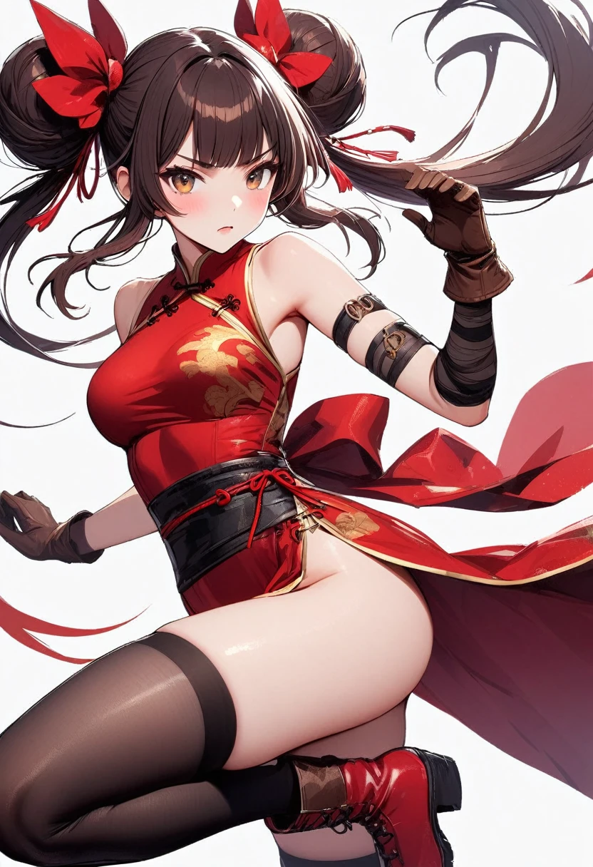 masterpiece, best quality, 1girl, solo, thighhighs, chinese-clothes, gloves, very-long-hair, dress, hair-bun, twintails, china-dress, red-dress, double-bun, black-thighhighs, brown-hair, brown-eyes, full-body, red-footwear, pelvic-curtain, looking-at-viewer, bandages, blush, standing, breasts, bangs, armlet, sleeveless, fighting-stance, sleeveless-dress, brown-gloves, bare-shoulders, v-shaped-eyebrows, bandaged-arm, side-slit, leg-up, medium-breasts, gradient-hair, boots, ankle-boots, floating-hair, closed-mouth, simple-background, hand-up, blunt-bangs, sash