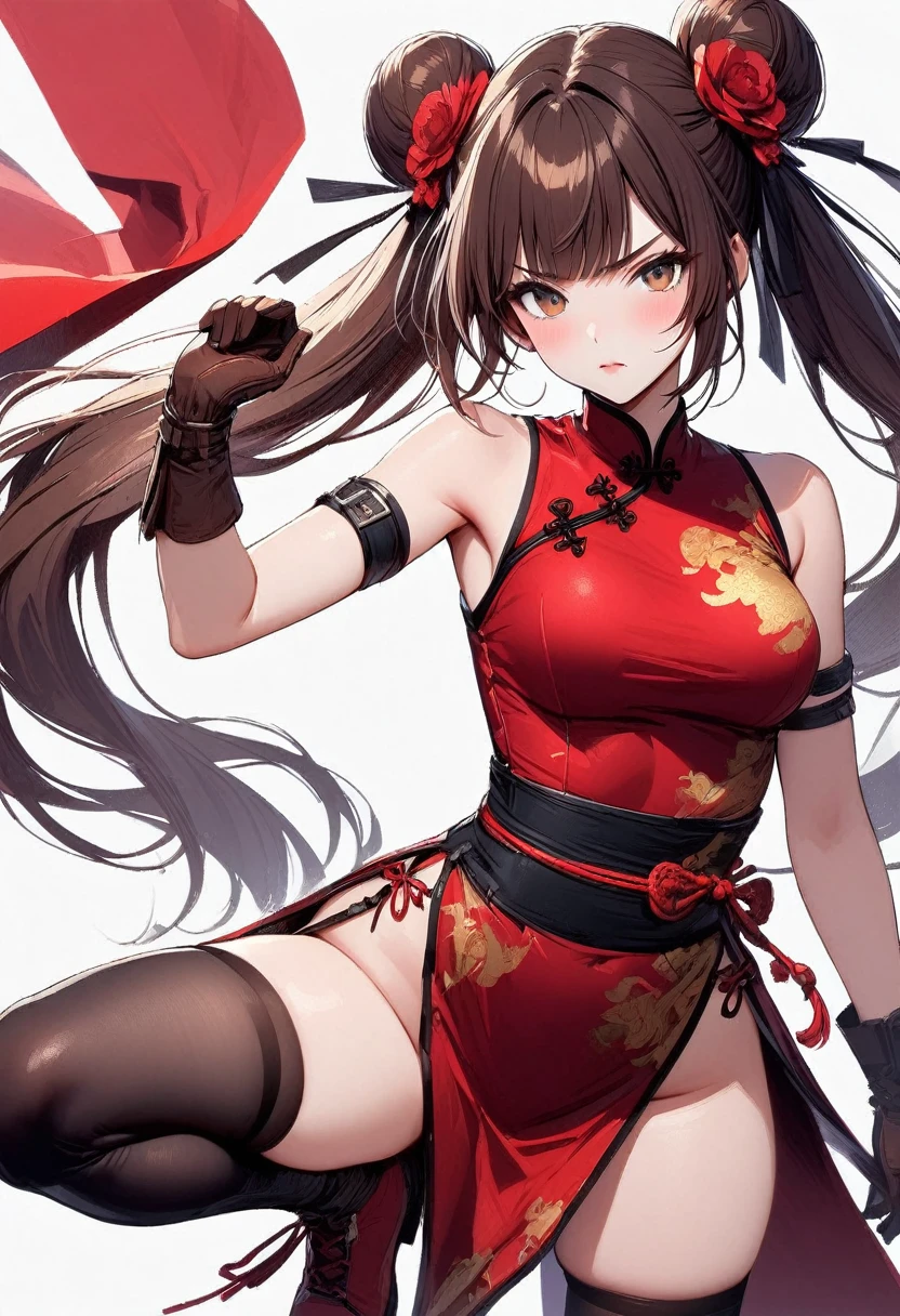 masterpiece, best quality, 1girl, solo, thighhighs, chinese-clothes, gloves, very-long-hair, dress, hair-bun, twintails, china-dress, red-dress, double-bun, black-thighhighs, brown-hair, brown-eyes, full-body, red-footwear, pelvic-curtain, looking-at-viewer, bandages, blush, standing, breasts, bangs, armlet, sleeveless, fighting-stance, sleeveless-dress, brown-gloves, bare-shoulders, v-shaped-eyebrows, bandaged-arm, side-slit, leg-up, medium-breasts, gradient-hair, boots, ankle-boots, floating-hair, closed-mouth, simple-background, hand-up, blunt-bangs, sash
