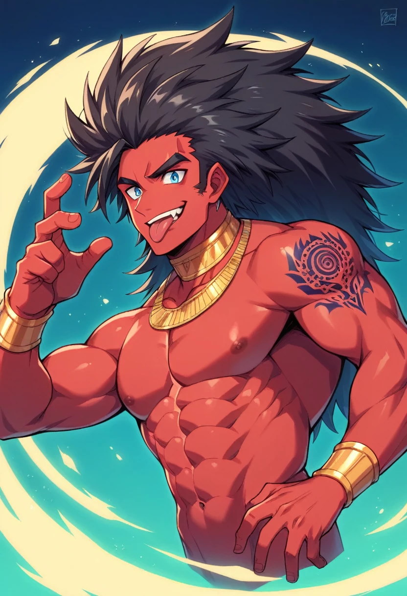 A muscular man, tongue out, Bblack hair, single model hair, creative hair, wearing no shirt, Shiva, Indian, golden collars, golden accessories, Pistas, red skinned escura, red skinned,  dark Red skin, blue colored eyes, tongue out, ssmile, gostoso, mighty, tattoo's, tattoo's.