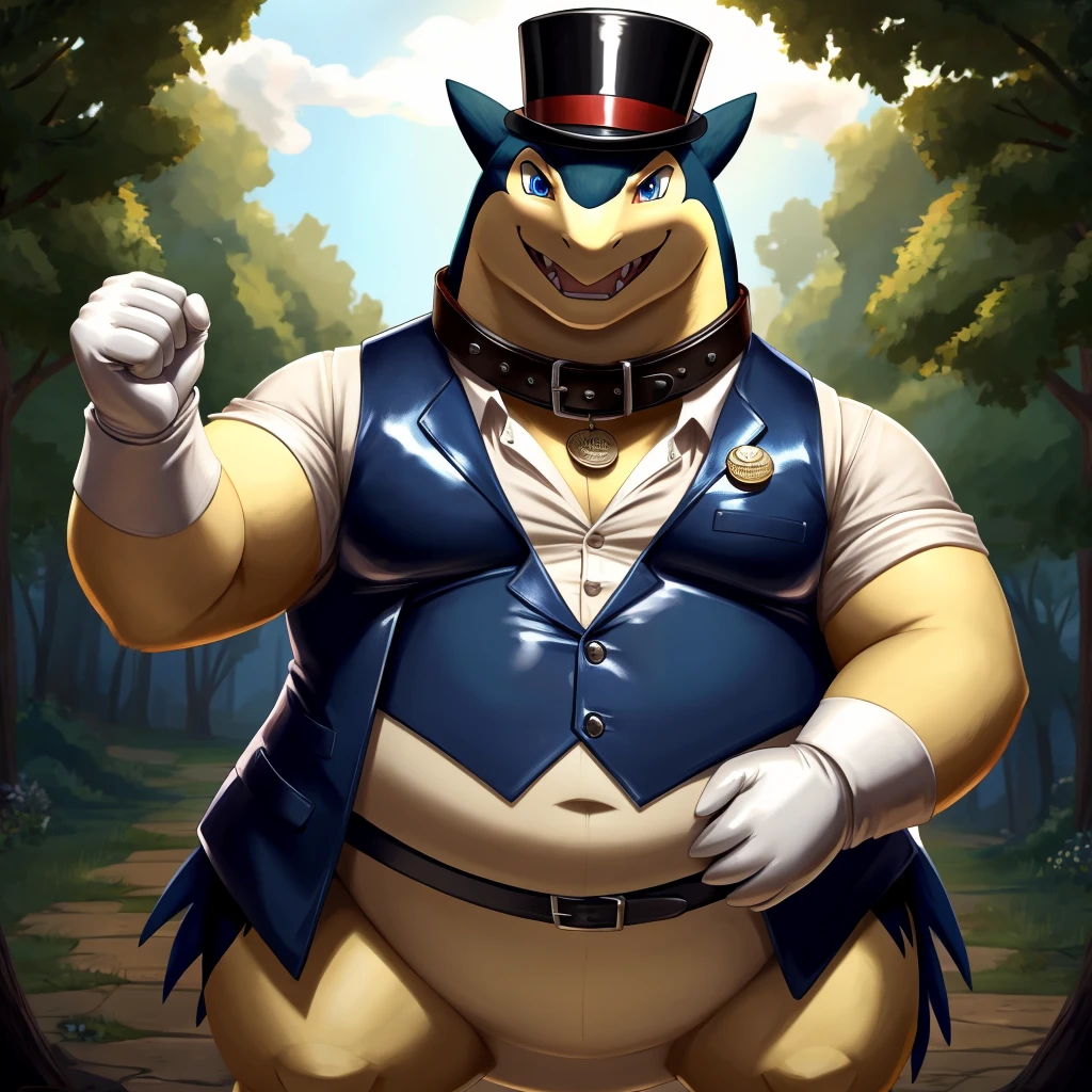 Solo, Male, fat, extremely obese, gentleman, dapper Professor Typhlosion, blue eyes, (posing:1.3), (soft shading), 4k, hi res, ((detailed face, detailed)), looking at viewer, mouth wide open, steampunk, collared shirt with buttons, top hat, male focus, Explorer Outfit, glasses, monocle, vest with buttons, sleeves rolled up, round eyewear, brown headwear, brown vest, Typhlosion is wearing a glossy leather dog collar around the neck, Typhlosion is wearing the leather collar and shirt and vest at the same time, Typhlosion is wearing glossy white rubber gloves on the hands, wearing white rubber gloves on the feet, gloves are rubber in texture, clenching teeth, clenching fists, leather collar is glossy and shiny with a lot of detail, Typhlosion is wearing gloves and leather collar at the same time, leather collar has a round dog-tag, leather collar is thick and detailed, leather collar is glossy and shiny, fancy clothing, dapper vest, dapper shirt, leather collar is thick.