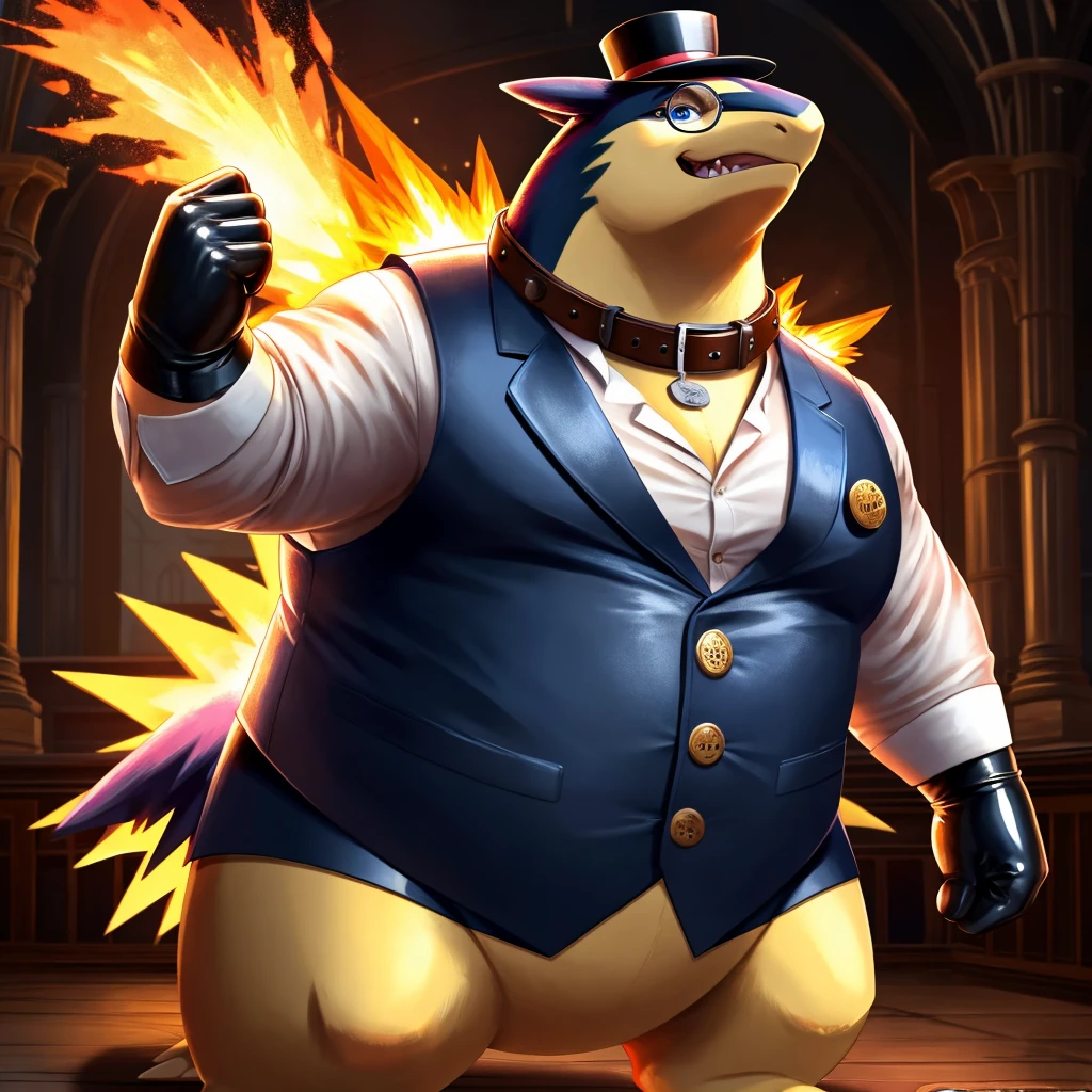 Solo, Male, fat, extremely obese, gentleman, dapper Professor Typhlosion, blue eyes, (posing:1.3), (soft shading), 4k, hi res, ((detailed face, detailed)), looking at viewer, mouth wide open, steampunk, collared shirt with buttons, top hat, male focus, Explorer Outfit, glasses, monocle, vest with buttons, sleeves rolled up, round eyewear, brown headwear, brown vest, Typhlosion is wearing a glossy leather dog collar around the neck, Typhlosion is wearing the leather collar and shirt and vest at the same time, Typhlosion is wearing glossy white rubber gloves on the hands, wearing white rubber gloves on the feet, gloves are rubber in texture, clenching teeth, clenching fists, leather collar is glossy and shiny with a lot of detail, Typhlosion is wearing gloves and leather collar at the same time, leather collar has a round dog-tag, leather collar is thick and detailed, leather collar is glossy and shiny, fancy clothing, dapper vest, dapper shirt, leather collar is thick.