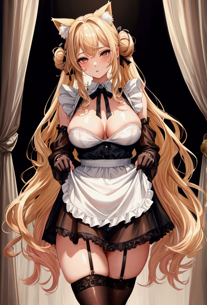 masterpiece, highly detailed, highest quality, high resolution, super precise, (1 girl), simple black French maid dress, white apron, semi-opaque stockings, flawless skin, silky golden blonde hair tied up into a messy bun, soft and cute facial features, plump pink lips, 18 year old ager, tall height(190cm), long slender legs and curvy hips that flare out enticingly on a pear shaped body, cowboy shot, olive-brown eyes, cat ears and tail, very small breasts