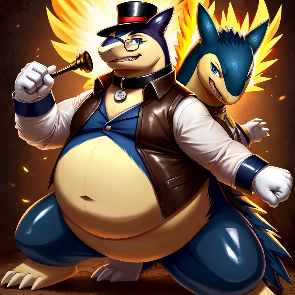 Solo, Male, fat, extremely obese, gentleman, dapper Professor Typhlosion, blue eyes, (posing:1.3), (soft shading), 4k, hi res, ((detailed face, detailed)), looking at viewer, mouth wide open, steampunk, collared shirt with buttons, top hat, male focus, Explorer Outfit, glasses, monocle, vest with buttons, sleeves rolled up, round eyewear, brown headwear, brown vest, Typhlosion is wearing a glossy leather dog collar around the neck, Typhlosion is wearing the leather collar and shirt and vest at the same time, Typhlosion is wearing glossy white rubber gloves on the hands, wearing white rubber gloves on the feet, gloves are rubber in texture, clenching teeth, clenching fists, leather collar is glossy and shiny with a lot of detail, Typhlosion is wearing gloves and leather collar at the same time, leather collar has a round dog-tag, leather collar is thick and detailed, leather collar is glossy and shiny, fancy clothing, dapper vest, dapper shirt, leather collar is thick.