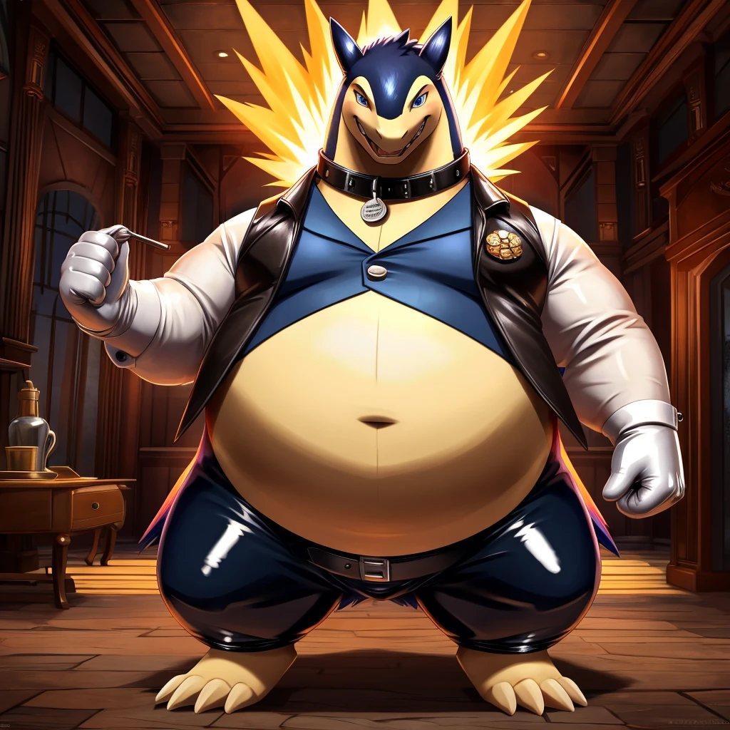 Solo, Male, fat, extremely obese, gentleman, dapper Professor Typhlosion, blue eyes, (posing:1.3), (soft shading), 4k, hi res, ((detailed face, detailed)), looking at viewer, mouth wide open, steampunk, collared shirt with buttons, top hat, male focus, Explorer Outfit, glasses, monocle, vest with buttons, sleeves rolled up, round eyewear, brown headwear, brown vest, Typhlosion is wearing a glossy leather dog collar around the neck, Typhlosion is wearing the leather collar and shirt and vest at the same time, Typhlosion is wearing glossy white rubber gloves on the hands, wearing white rubber gloves on the feet, gloves are rubber in texture, clenching teeth, clenching fists, leather collar is glossy and shiny with a lot of detail, Typhlosion is wearing gloves and leather collar at the same time, leather collar has a round dog-tag, leather collar is thick and detailed, leather collar is glossy and shiny, fancy clothing, dapper vest, dapper shirt, leather collar is thick.
