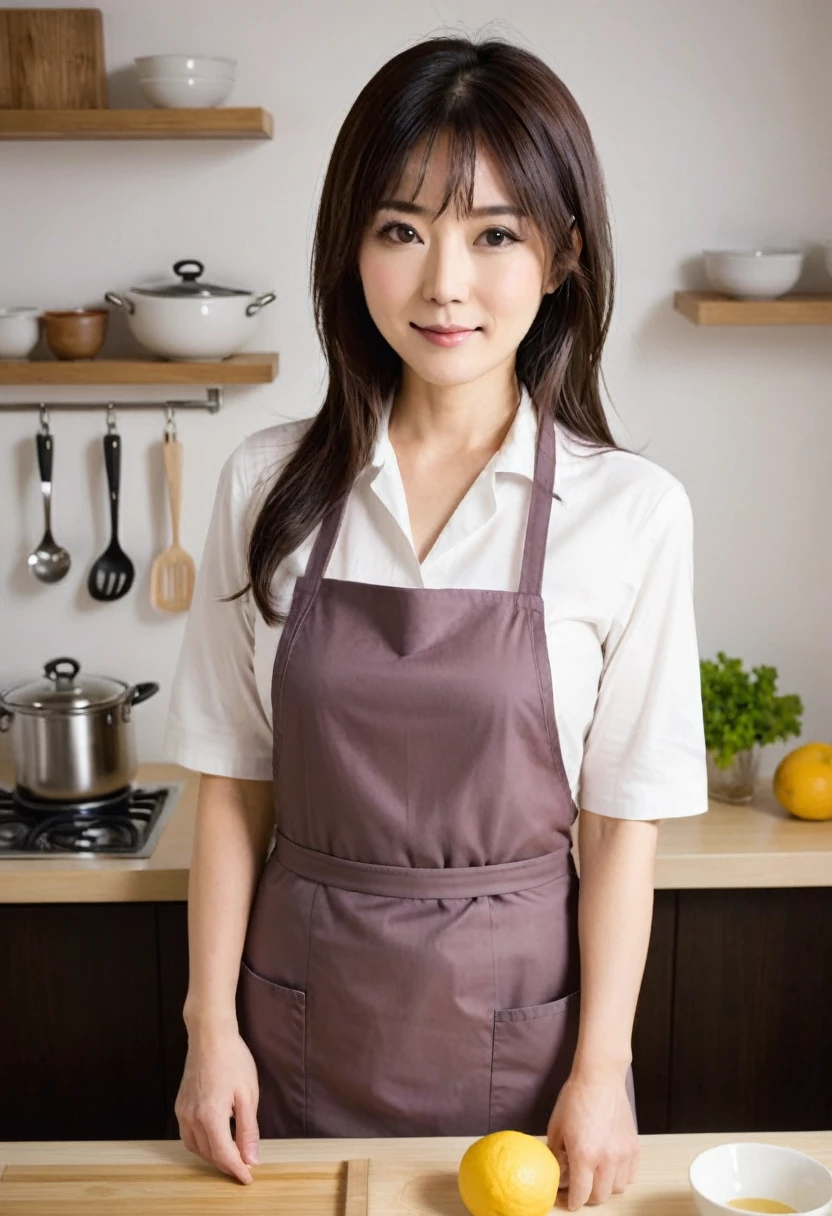 Around 40 Japanese housewife、 Apron、kitchen、Turn around