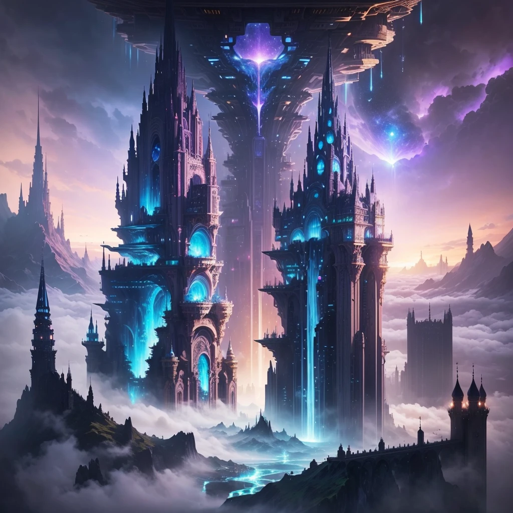A huge fantastical sci-fi city, aether city, floating aerial metropolis,Skyscrapers、Super huge castle,Huge construction,Super huge waterfall,mysterious,Fantasy, towering skyscrapers, massive waterfall, celestial planets in the sky, surrounded by clouds, cosmic architecture, violet energy scars around, central massive castle, astral sky