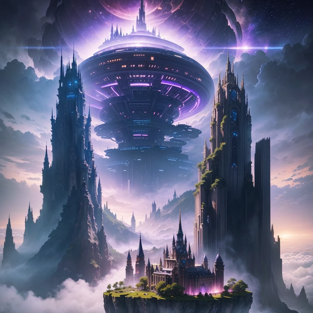 A huge fantastical sci-fi city, aether city, floating aerial metropolis,Skyscrapers、Super huge castle，Huge construction，Super huge waterfall，mysterious，Fantasy， towering skyscrapers, massive waterfall, celestial planets in the sky, surrounded by clouds, cosmic architecture, violet energy scars around, central massive castle, astral sky