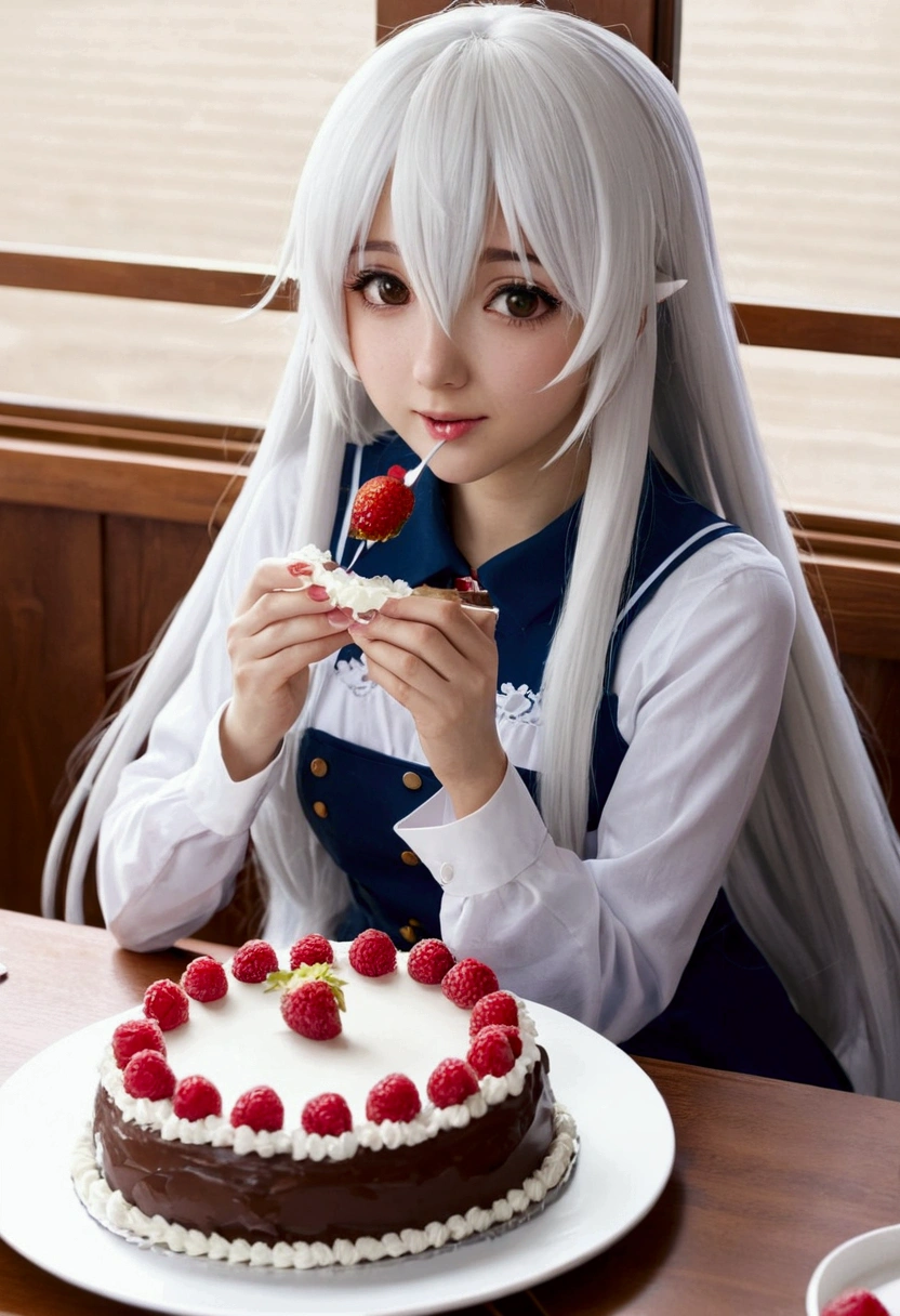 Anime girl with long white hair sitting at a table eating cake, Cute girl, Cute anime girl, Perfect white haired girl, white color hair, pretty anime girl, Sell moe