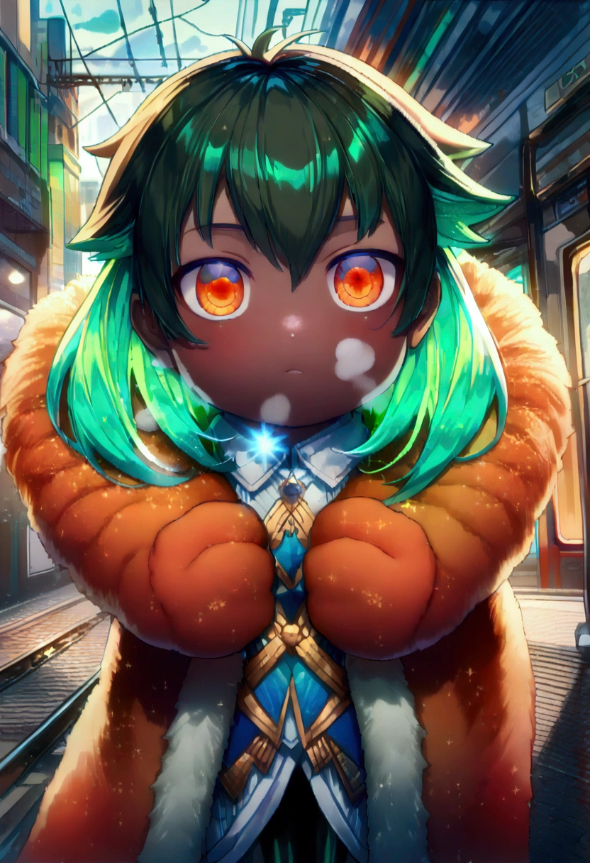 ((1boy)), cute shota,(((little shota,tiny little body,little))),((())),((shota with curly and voluminous green hair),((((green hair:1.35,voluminous green hair,(wild voluminous hair:1.5),colored inner hair,ear breathing)))),(((orange_eyes:1.3))),intricate eyes,beautiful detailed eyes,symmetrical eyes,big eyes:1.5,(((lustrous skin:1.5,bright skin: 1.5,skin tanned,shiny skin,very shiny skin,shiny body,plastic glitter skin,exaggerated shiny skin,illuminated skin))),(delicate detailed fingers,detailed body,(detailed face)),(((fur coat, orange fur coat set, wear a fur coat: 1.3,orange fur coat))), (dynamic pose:1.0),indifferent,(centered,scale to fit dimensions,Rule of thirds),((a train background)),intricate scenery,((urban background)),highres,sharp focus,(ultra detailed,extremely detailed),(photorealistic artwork:1.37),(extremely detailed CG unity 8k wallpaper),(((vibrant colors,vibrant theme))),(intricate),(masterpiece),(best quality),