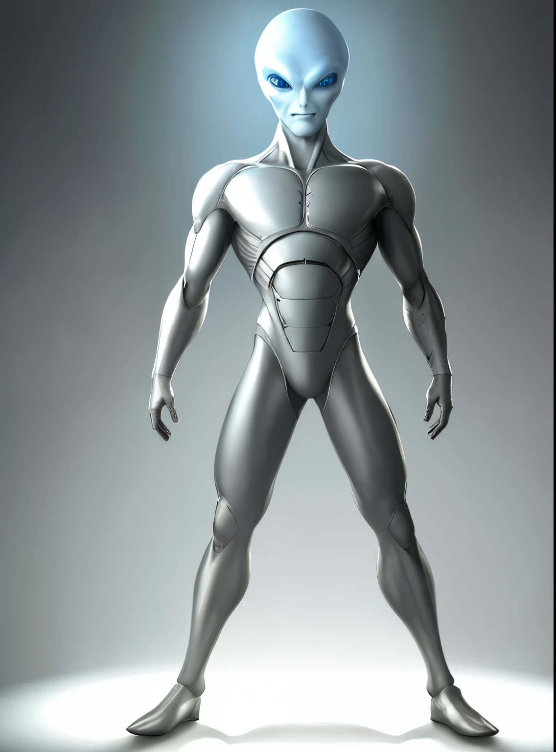 Cinematic still film of a gray, (smiling), male alien standing on a white background, studio light, white LED light, sharp focus, vignette, highly detailed, high budget Hollywood film, cinemascope, 8k, high quality, sharp image and shiny (full body), looking at the camera