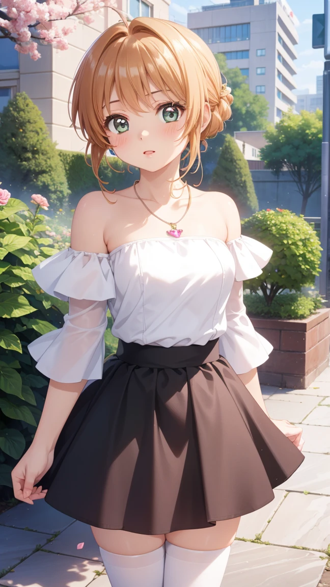 masterpiece, best quality, highres, 1girl, detailed face, blush, anime CG style, medium breasts, (18 year old girl:1.3), (aged up), good lighting, perfect body, sakura kinomoto, glossy lips, city, garden, wedding dress, off the shoulder, necklace, jewelry, (skirt parted in front), thigh highs