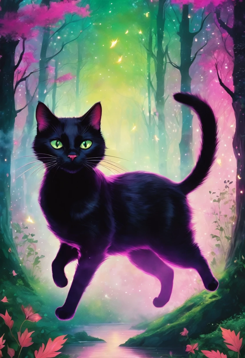 Magical black cat in a magical forest with green scenery, roxo e rosa. All around you are fairies flying and bright, colorful smoke in the air.