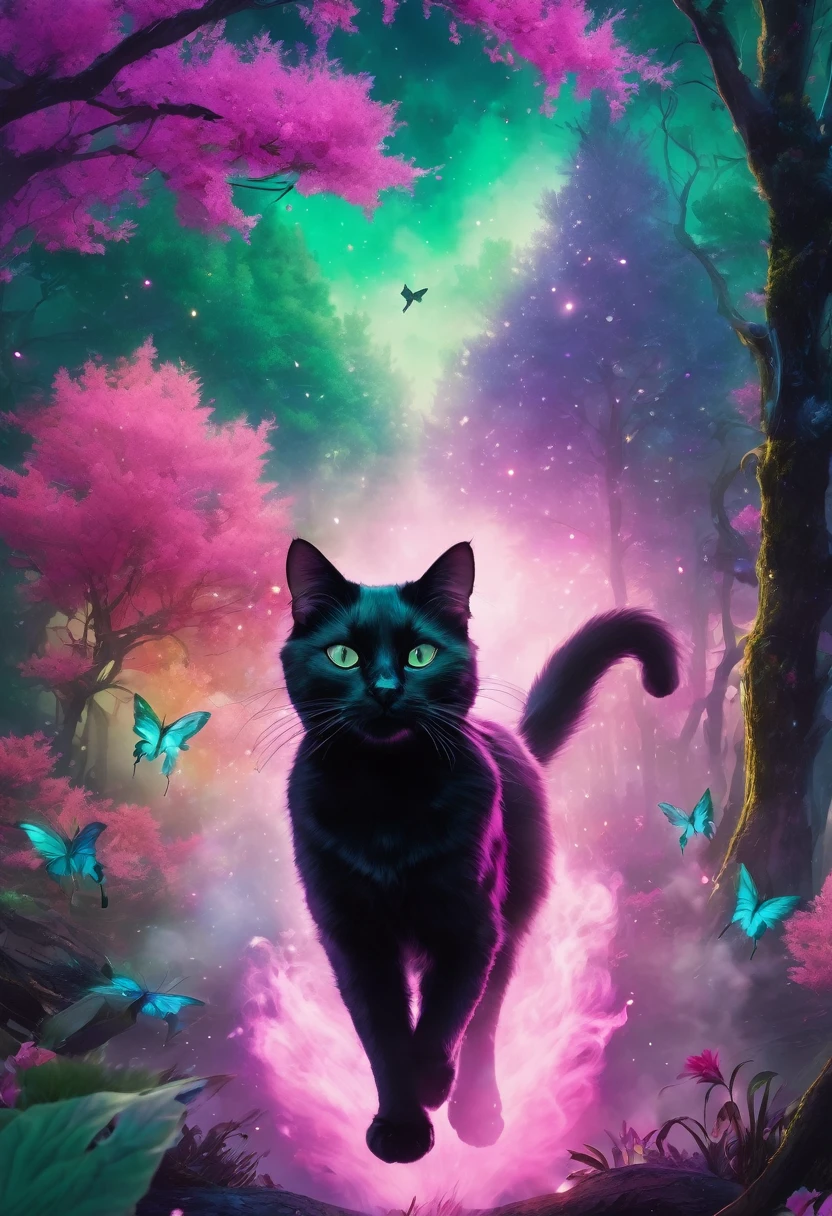 Magical black cat in a magical forest with green scenery, roxo e rosa. All around you are fairies flying and bright, colorful smoke in the air.