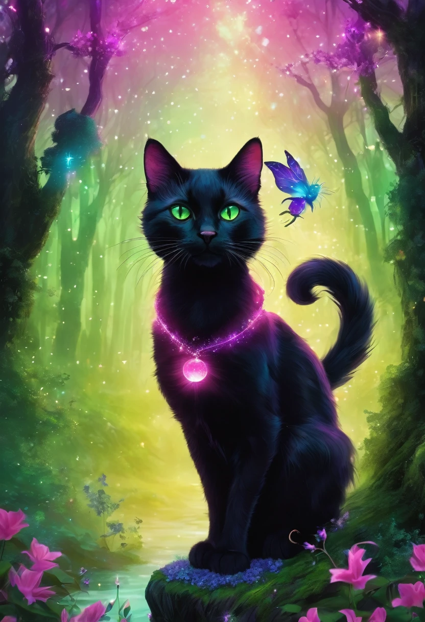 Magical black cat in a magical forest with green scenery, roxo e rosa. All around you are fairies flying and bright, colorful smoke in the air.