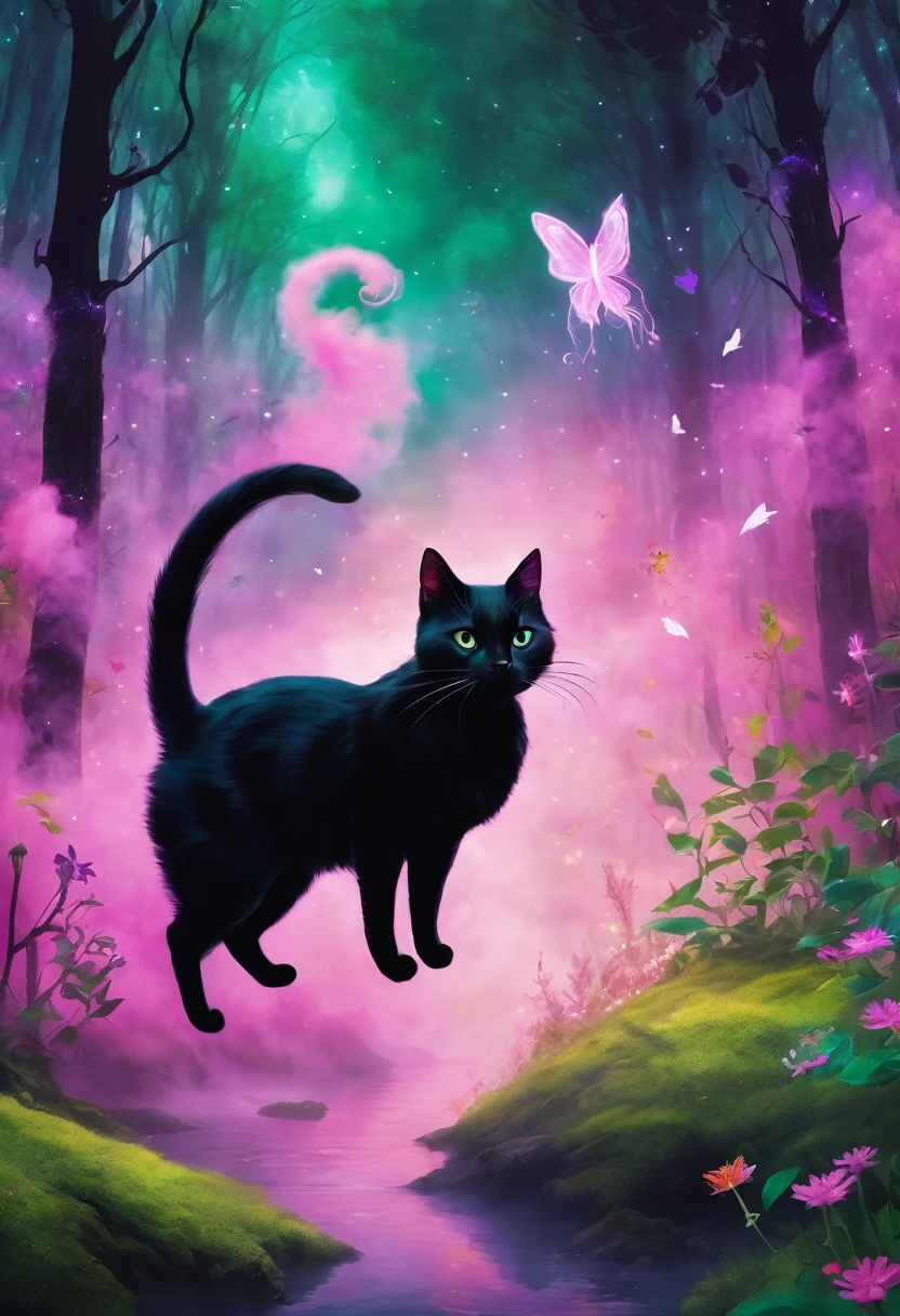 Magical black cat in a magical forest with green scenery, roxo e rosa. All around you are fairies flying and bright, colorful smoke in the air.
