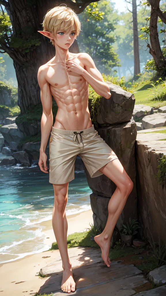 A skinny  blond elf boy in shorts, shirtless, barefoot 