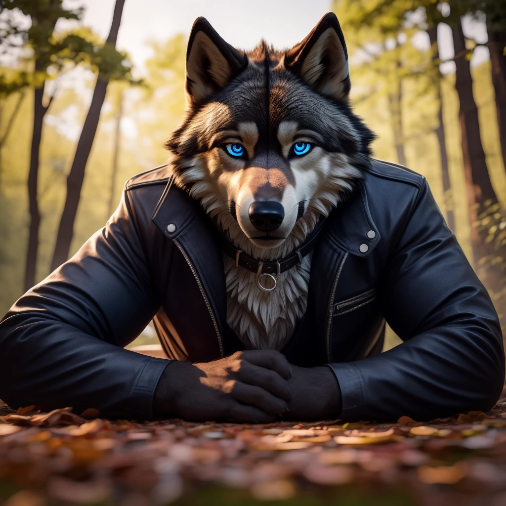 1Male, 30 years old, cute, eyeliner, very sad expression, mouth open, black leather jacket, anthro, sad wolf ears, (black fur:1.5), wolf, forest background, 8k, hi res, (best quality, masterpiece), (wolf tail:1.5), detailed fur, solo, collar, blue jeans, blue eyes, lying down on ground. dynamic angle, ultra-detailed