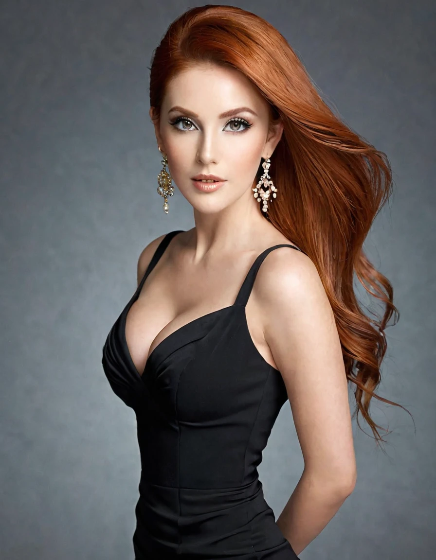 ultra realistic, photography, long red hair, girl, 24 years old, (From a straight above),  female is standing at an elegant event with her purse in her hands, her eyes gazing up toward the camera. She exuded confidence and elegance, with every aspect of her appearance meticulously styled. Her face was adorned with flawless makeup—mascara, eyeliner, and striking eye shadow that enhanced her captivating gaze. Long, fluttering lashes added a touch of allure. bright eyes, cleavage Her ears shimmered with elegant earrings, complementing her stylish hairstyle, which was expertly arranged to showcase her beauty. The teacher's attire exuded professionalism and sophistication, while still maintaining a touch of glamour. She wore an elegant tight black cocktaildress,The scene unfolded, creating a contrast between the glamorous teacher and her surroundings. Despite the unconventional location, her presence exuded confidence and a sense of authority. From this birds-eye perspective, she appeared as a beacon of knowledge, ready to impart wisdom and inspire her students with her undeniable grace and beauty. beautiful detailed nose, beautiful detailed thigh, (beautiful detailed eyes), (complete perfect body), abs, perfect body proportion, (looking at viewer), (CLOSE UP)