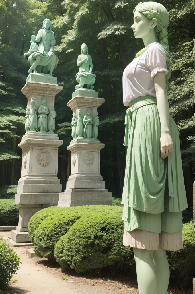 (White girl) ( hair green ) ( pink baggy shorts ) ( at the forest ) ( with stone statues behind ) ( white blouse )