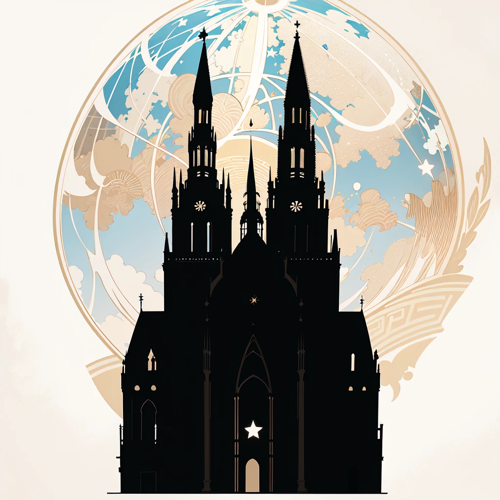 Masterpiece, best quality, very detailed, very detailed silhuette of Cologne Dome, Cologne Cathedral, blue sky on the background with many stars and galaxies, very shiny