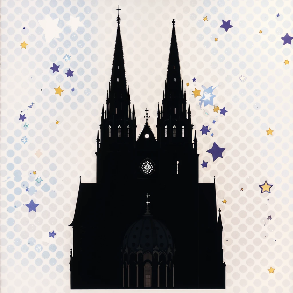 Masterpiece, best quality, very detailed, very detailed silhuette of Cologne Dome, Cologne Cathedral, blue sky on the background with many stars and galaxies, very shiny